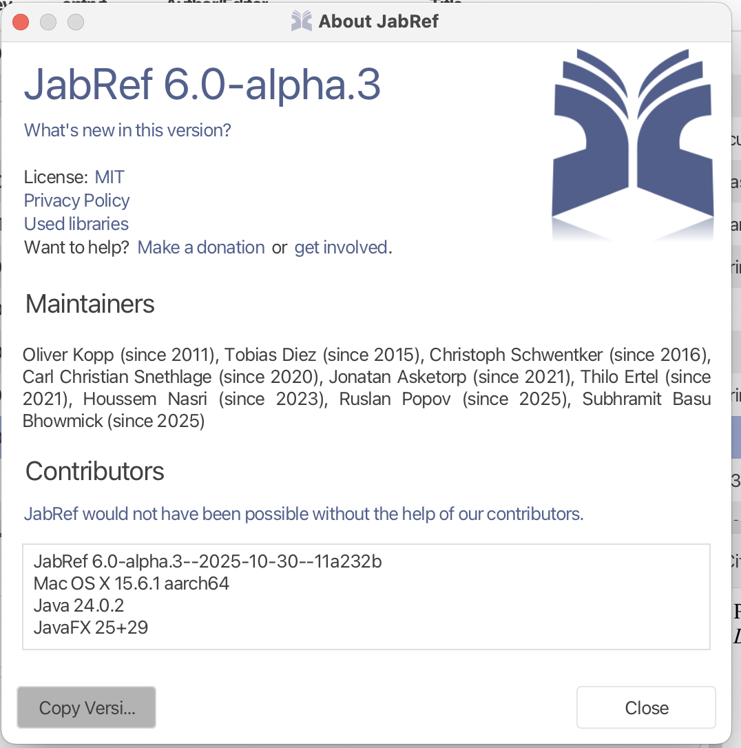 Screenshot of the about dialog of JabRef 6.0-alpha3 showing the list of maintainers and the version details