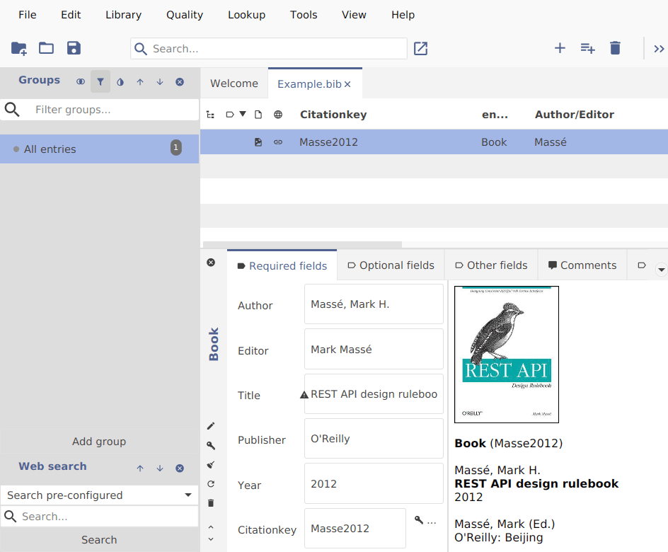 Screenshot of JabRef showing book covers in the preview 